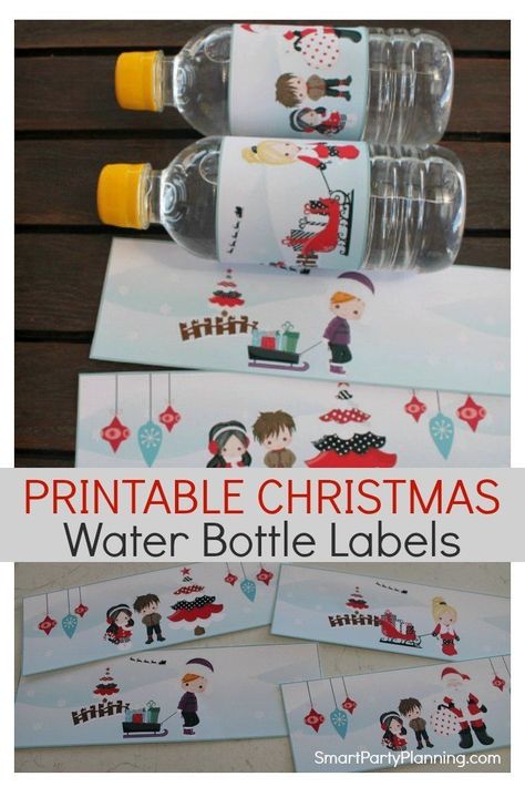 Set of four printable Christmas water bottle labels.  Perfect to use for school lunch box's or at Christmas parties.  Kids will love the designs and they make easy party decoration. Instant download available for easy use. #Christmas #Waterbottlelabels #Printable #Kids Christmas Water Bottle Labels, Christmas Water Bottle, Dollar Diy, Easy Party Decorations, School Lunches, Diy Decorations, Water Bottle Labels, Christmas Parties, Printable Christmas