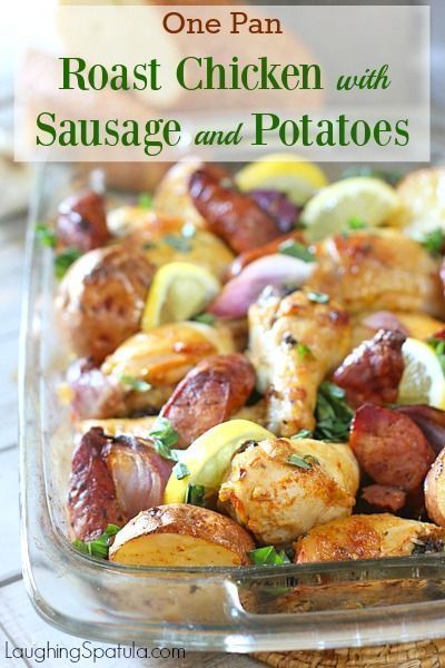 Fast and Fresh and all in One Pan!  Simply toss all the ingredients in with a simply marinade sauce and dinner done! Sausage And Potatoes, Potatoes Easy, Potato Dinner, Easy Baked Chicken, Chicken Potatoes, Recipe 30, Chicken Sausage, One Pan, Sausage Recipes