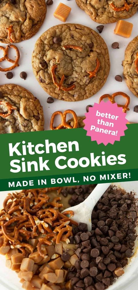 Chewy Kitchen Sink Cookies (Panera Copycat) Panera Kitchen Sink Cookie Recipe, Kitchen Sink Cookies Panera, Kitchen Sink Cookies Recipe, Kraft Caramel Bits, Panera Copycat, Sink Cookies, Village Bakery, Kitchen Sink Cookies, Salty Cookies