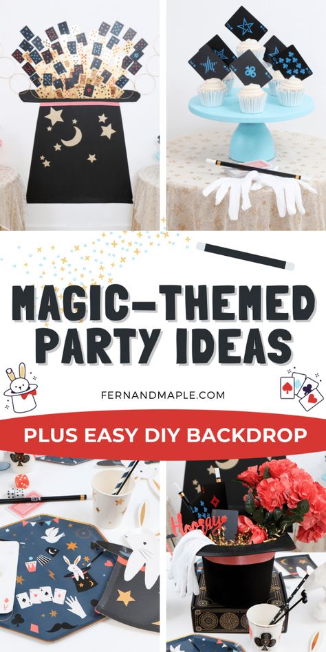 Create a fun and entertaining Magic-Themed Birthday Party and easy DIY Magic Hat masking tape backdrop with these ideas for desserts, table setting and more! Get details and more magician party ideas now at fernandmaple.com. Magician Bday Party, Magic Birthday Party Activities, Magical Theme Birthday Party, Magician Theme Party, Magic Themed Party Food, Magic Theme Decorations, Magic Show Decorations Ideas, Magic Theme Party Decorations, Magic Party Decorations