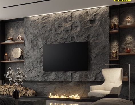 Living Room Tv Wall Stone, Tv Stone Wall Design, Stone Wall With Tv, Stone Wall Tv, Stone Wall Living Room, Tv Wall Panel, Tv Feature Wall, Bedroom Tv Wall, Tv Fal