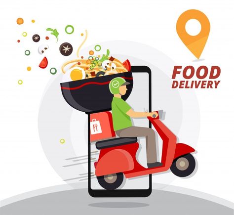 Food delivery service, fast food deliver... | Premium Vector #Freepik #vector #food #man #mobile #delivery Delivery Scooter, Service Illustration, Free Food Delivery, Fast Food Delivery, Food Delivery Packaging, Chinese Food Delivery, Food Delivery Business, Delivery Food, Delivery Packaging