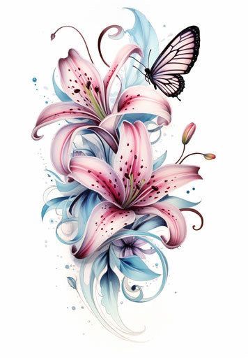 Stargazer Lily And Sunflower Tattoo, Tattoos Of Lilies, Butterfly With Lily Tattoo, Daisy Tattoo Sleeve Shoulder, Lily Forearm Tattoo Women, Flower Tattoo Designs For Women Arm, Lily Arm Tattoo For Women, Day Lilly Tattoo, Lily Flower Tattoos Shoulder