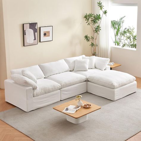 Oversize Cloud Modular Sectional Sofa,121.9" L Shape 3 Seaters with Chaise Down Filled Comfort Sofa Detachable Couch Cushion Covers for Living Room Apartment,White Corner Sofa Living Room, L Sofas, Couch Cushion Covers, L Shaped Couch, Couch Cushions, Modular Sectional Sofa, White Sofas, Apartment Room, Couches Living Room