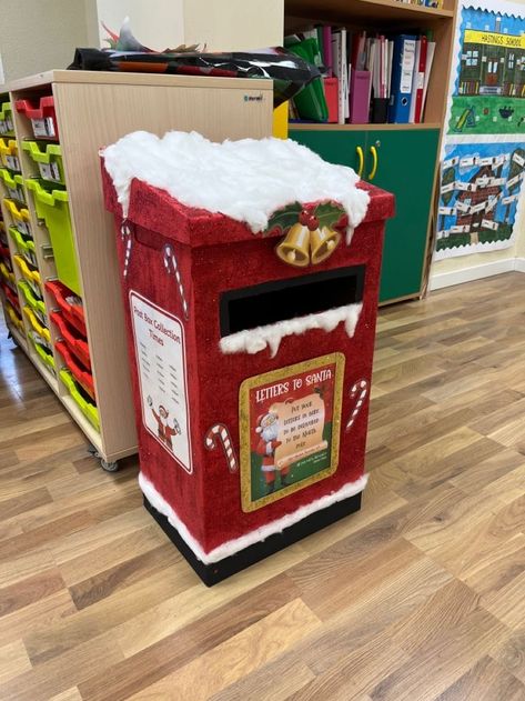 Christmas Decor Ideas For Kindergarten Classroom, Christmas Post Box Diy, Toy Drive Box Ideas Christmas, Santa’s Mailbox Diy, Santa Post Box Diy, Diy Santa Mailbox Ideas, Santa Mailbox Ideas, Santa Mailbox Ideas Diy, Letters To Santa Mailbox Diy