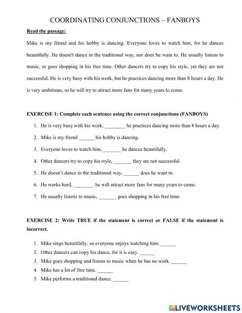 Fanboys Conjunctions, Conjunctions Worksheet, Linking Words, English As A Second Language (esl), English As A Second Language, Parts Of Speech, School Subjects, Online Workouts, Teaching English