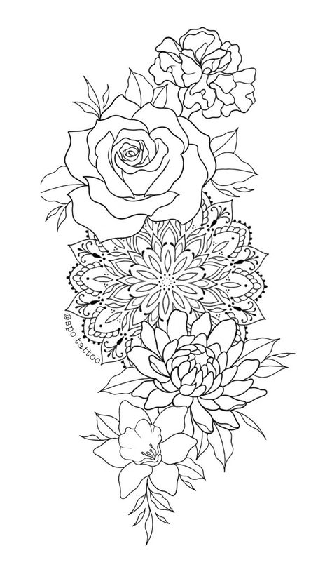 Peony With Mandala Tattoo, Mandala Flowers Design, Thigh Tattoos Women Floral, Mandala Hip Tattoos Women, Tiger Mandala Tattoo, Tattoo Designs Floral, Tattoo Bein Frau, Mandala Hip Tattoo, Simple Mandala Tattoo