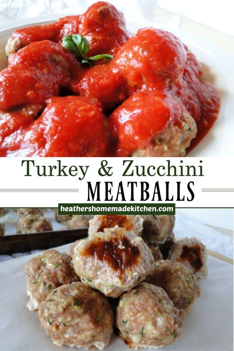 Turkey & Zucchini Meatballs in a pile on sheet pan and topped with marinara sauce in white bowl Ground Turkey Zucchini Meatballs, Chicken Zucchini Meatballs With Feta, Meatballs And Zucchini, Turkey Meatballs With Zucchini, Zucchini Meatballs Skinnytaste, Turkey Zucchini Meatballs, Turkey Zucchini, Zucchini Meatballs, Turkey Meatballs Healthy