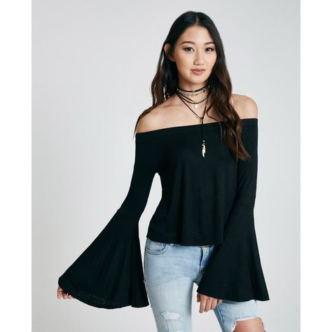 Off-The-Shoulder Top With Bell Sleeves ❤ liked on Polyvore featuring tops, off shoulder tops, knit top, off-the-shoulder tops, relaxed fit tops and flared sleeve top Tops Off Shoulder, Top With Bell Sleeves, Flared Sleeves Top, Shoulder Tops, Off The Shoulder Top, Off Shoulder Tops, Wet Seal, Flared Sleeves, Bell Sleeve