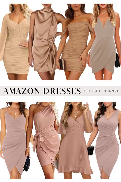 Shop the best Amazon dresses for wedding guests, featuring chic and stylish options. Choose from an off the shoulder bodycon dress with ruching, a high neck sleeveless dress with a tie waist, or a simple one shoulder dress with a wrap waist detail. These dresses are perfect for wedding attire and come in beautiful neutral hues and light pinks. Click to explore more color options and find your favorite dress for the wedding season! Best Amazon Dresses, Dressy Casual Wedding, Semi Formal Wedding Attire, Casual Wedding Outfit, Cocktail Wedding Attire, High Neck Sleeveless Dress, Dress For The Wedding, Dresses On Amazon, Beach Wedding Outfit