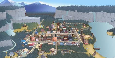 Gravity Falls Map by *markmak on deviantART Gravity Falls Town, Gravity Falls Oregon, Gravity Falls Journal, Gravity Fall, Animal Crossing Wild World, Gravity Falls Art, Autumn Illustration, Town Map, Framed Photo Collage