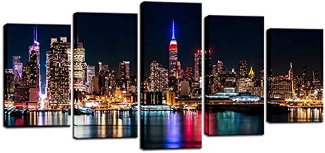 New York Painting, Skyline At Night, City Canvas, New York Canvas, Manhattan Skyline, Night Pictures, Manhattan New York, Modern Home Office, Nova York