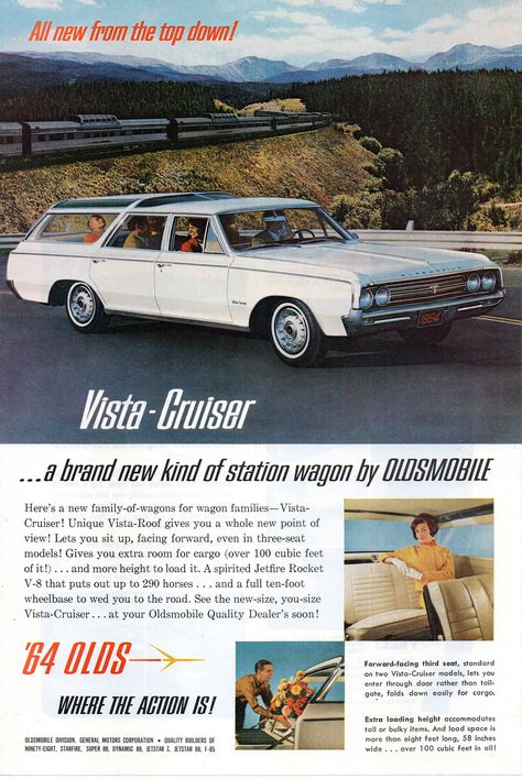 Oldsmobile Vista Cruiser, General Motors Cars, Vista Cruiser, Vintage Advertising Art, Automobile Advertising, Automotive Marketing, Station Wagons, Car Advertising, Apple Red