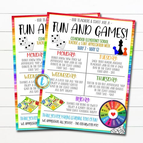 "Board Games Theme Teacher Appreciation Week Itinerary Flyer Template. Use this schedule of events for your appreciation week! Works great for schools, churches, hospitals, businesses and more! All text is editable so you can use for nurse appreciation, employee/staff appreciation and more! TEMPLATE FORMATTED SIZE: 8.5\" x 11\" IMPORTANT: This is a DIY self-editing digital, printable product - I do not edit this file for you. However, I do offer editing services at an extra charge, please reach Board Game Teacher Appreciation Week, Teacher Appreciation Game Theme, Board Game Theme Teacher Appreciation, Hospital Week Themes, Hospital Week Activities, Teacher Appreciation Games, Board Game School Theme, Nurses Week Games, Staff Party Ideas