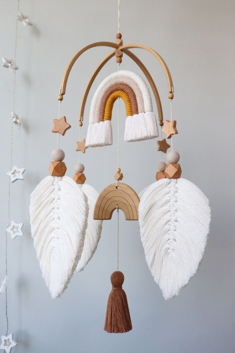 Boho Themed Nursery, Macrame Baby Mobile, Mobile For Crib, Feather Mobile, Forest Nursery Decor, Rainbow Mobile, Macrame Baby, Macrame Feathers, Baby Boy Mobile