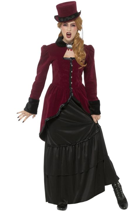 Take a trip to the 1800s in London England. It's not talked about much in the history books but Britain was overrun with dark creatures of the night. Now you can become a historical fiendish bloodsucker with this Deluxe Victorian Vampiress costume fo Red Tailcoat, Vampiress Costume, Fun Halloween Party Games, Vampire Dress, Masks Halloween, Victorian Halloween, Vampire Costumes, Victorian Vampire, Vampire Clothes