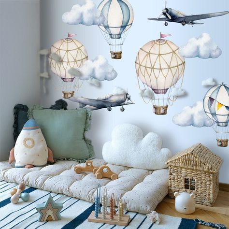 Hot Air Balloon Wall Stickers, Plane Wall Decal, Kids Children Nursery Room Home Decor Wall Sticker, Decoration, Hot Air Balloon Sticker - Etsy Australia Nursery Vintage, Hot Air Balloons Art, Vintage Range, Boy Toddler Bedroom, Kids Cafe, Sticker Decoration, Room Wall Painting, Room Stickers, Nursery Wall Stickers