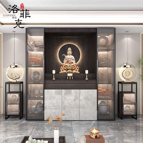 Buddha Cabinet Design, Crockery Unit With Temple Design, Buddha Altar Design Home, Crockery Cabinet With Mandir, Crockery Unit And Mandir, Crockery With Pooja Unit, Puja Unit With Crockery Unit, Temple With Crockery Unit, Pooja Room With Crockery Unit