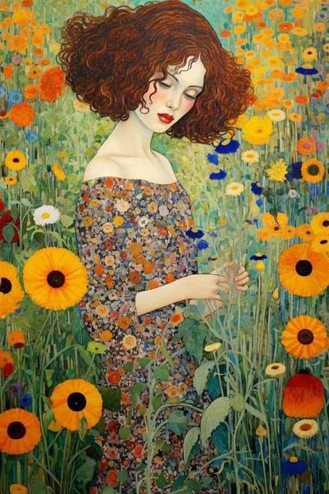 Woman In A Field, Gustav Klimt Art, Whimsical Art Paintings, Klimt Paintings, Klimt Art, Painting Of A Woman, A Field Of Flowers, Female Art Painting, Field Of Flowers