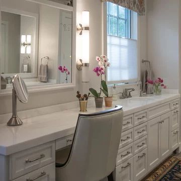 Make Up Vanity Height - Photos & Ideas | Houzz Long Vanity With Makeup Area, Bathroom Vanity Ideas With Make Up Area, Wood Bathroom Vanity With Makeup Area, Single Sink With Makeup Vanity, Bathroom Vanity With Makeup Counter Farmhouse, Master Bath Vanity With Makeup Area, Double Sink Vanity With Makeup Area, Primary Bathroom With Makeup Vanity, Makeup Vanity Ideas Bathroom