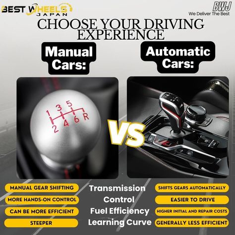 🚗 Manual vs. Automatic Cars: Which One Fits Your Driving Style? 🚙 🔧 Manual Cars: Take control with manual gear shifts. Potential for better fuel efficiency. Ideal for driving enthusiasts who love the gear-switching experience. 🤖 Automatic Cars: Shift gears automatically for a smoother ride. Perfect for city driving and heavy traffic situations. Convenience at its best without the hassle of manual shifting. 🚦 Whether you prefer the hands-on feel of a manual or the ease of an automatic, your ch... Automatic Car, Automatic Cars, Manual Car, Take Control, Fuel Efficient, Driving Experience, Hands On, Fuel, Repair