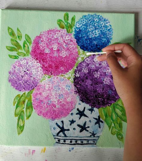 Bubble Wrap Art, Dreamy Flowers, Q Tip Painting, Hydrangea Painting, Painting Flowers Tutorial, Easy Flower Painting, Flower Drawing Tutorials, Acrylic Painting Tips, Drawings Of Friends