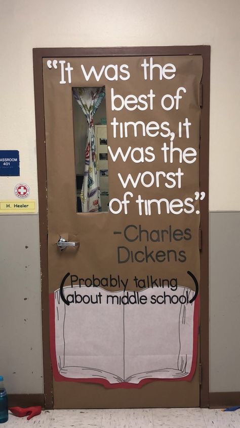 Middle school English classroom door. Charles Dickens theme. Quotes For English Classroom, English Teacher Door Ideas, Middle School Door Ideas, Ela Door Decorations Middle School, Reading Corner Classroom Middle School, English Door Decoration, Literature Themed Classroom Decor, Cool Classrooms High School, High School English Classroom Decor Bulletin Boards