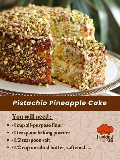 Grandma’s recipes | Recipe : Pistachio Pineapple Cake | Facebook Pistachio Pineapple Cake, Pineapple Cake, Cake Ingredients, Unsalted Butter, Purpose Flour, Pistachio, 1 Cup, Baking Powder, Flour