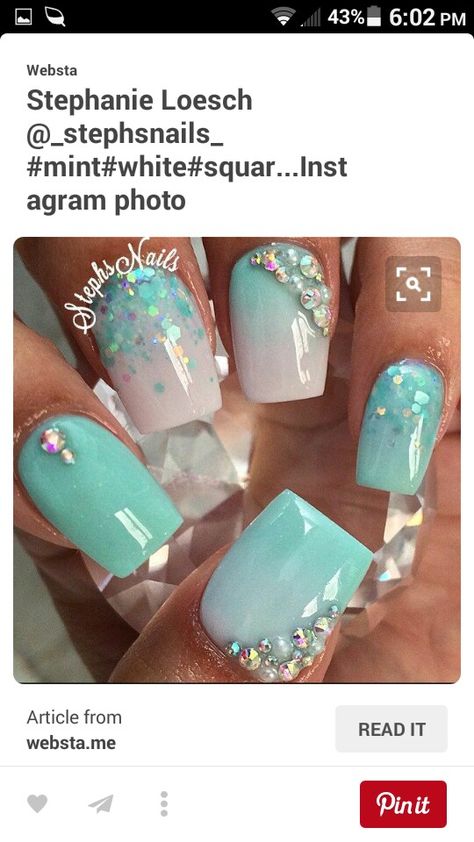 Mermaid Theme Nails, Nails Acrylic Coffin Short, Ocean Nail Ideas, Bedazzled Nails, Ocean Nail, Ocean Nails, Nails Acrylic Coffin, Ideas Uñas, Nail Glam