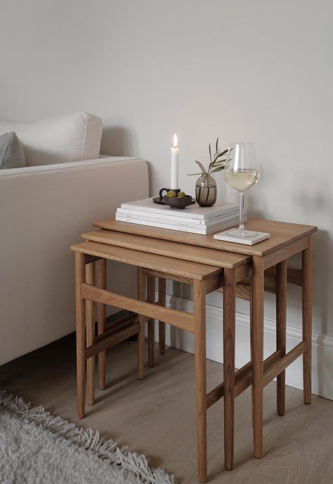 The 'CH004' nesting tables - versatile space-saving design from Carl Hansen & Søn | These Four Walls Nest Tables Living Room, Nest Of Tables Living Room, Table Decorations Living Room, Minimalist Scandinavian Interior, Nesting Tables Living Room, Light Color Schemes, Wood Nesting Tables, Cute Living Room, Living Room Plan