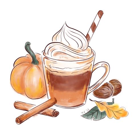 Pumpkin Spice Drawing, Pumpkin Spice Latte Drawing, Latte Drawing, Cookbook Illustration, Baking Drawing, Cozy Fall Drinks, Wallpaper November, October Bujo, Fall Classroom Door