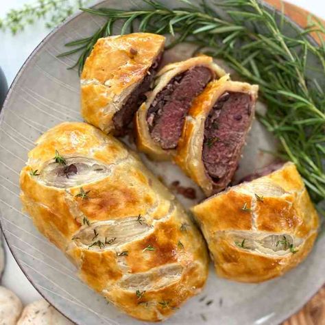 Individual Beef Wellington - Nicole's Tasting Spoon Steak Temperature, Individual Beef Wellington, Red Wine Reduction, Mignon Steak, Filet Mignon Steak, Sweet Onions, Savory Herb, Puff Pastry Dough, Mushroom And Onions