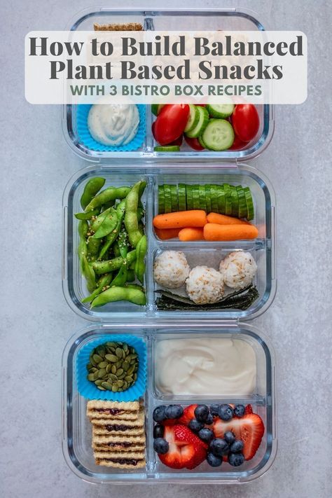 This guide will help you become a snacking expert. Learn how to build more balanced plant based snacks and get 3 new DIY bistro box ideas to try yourself. Plant Based Kids Lunch Box Ideas, Vegan Bento Box Ideas, Bistro Box, Vegan Winter Recipes, Plant Based Snacks, Plant Based Diet Recipes, Vegan Yogurt, Snacks To Make, Vegan Meal Plans