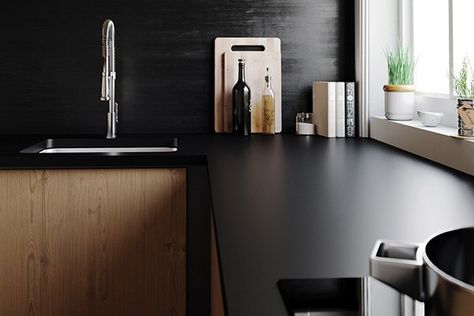 Matte Quartz Countertops, Matte Black Countertops, White Quartz Kitchen, Dark Kitchen Ideas, Black Quartz Countertops, Quartz Countertop Colors, Dark Kitchens, Countertop Colors, Cambria Quartz Countertops