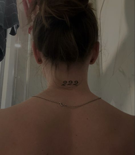 222 angel number tattoo on the back of the neck, work by Tattoos by Tobal 222 Back Of Neck Tattoo, Angel Number Tattoo Collarbone, 222 Back Tattoo, 222 Neck Tattoo, Angel Number Behind Ear Tattoo, Number Wrist Tattoo, Angel Number Neck Tattoo, Angel Number 222 Tattoo, 222 Tattoo Design