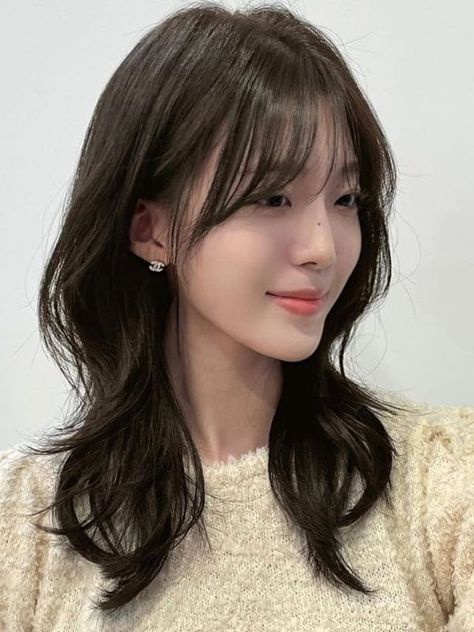 Medium Length Hair With Layers Korean, Medium Korean Haircut, Korean Fringe Bangs, Medium Hair With Bangs And Layers, Korean Layered Haircut, Medium Length Hair Korean, Korean Fringe, Cortes Aesthetic, 2024 Haircut