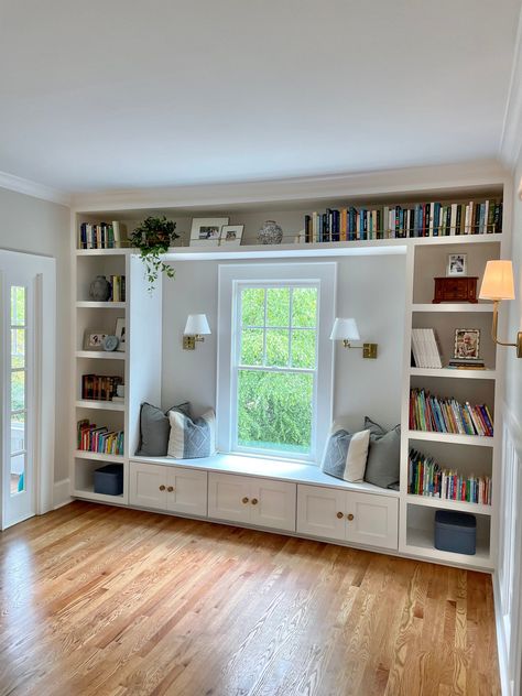 Built-In Window Seat – Hutcheson Design Co Built In Shelves Living Room Around Window, Bookshelf With Built In Seating, Large Bay Window Seat, Built In Around Bay Window, Built In Shelving Around Window, Bookshelf With Window Seat, Built In Book Shelves Around A Window, Bookshelf Wall With Window, Half Wall Built Ins