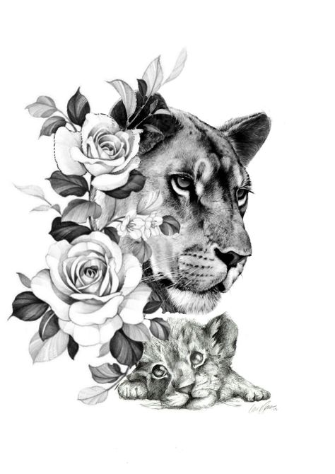 Mama And Her Cubs Tattoo, Lioness Chest Tattoo, Lioness Rose Tattoo, Momma Lion And Cub Tattoo, Lioness Drawing Tattoo Ideas, Lion Flower Tattoo Design, Lioness And Cubs Tattoo Mothers, Mama Lion And Cubs Tattoo, Lioness Tattoo For Women