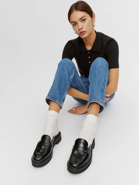 Women's Sustainable Shoes | Reformation Loafers Women Outfit, Chunky Loafers Outfit, Penny Loafers Outfit, Mule Shoes Outfit, Black Loafers Outfit, Black Shoes Outfit, Loafers For Women Outfit, Loafer Outfits, Mules Outfit