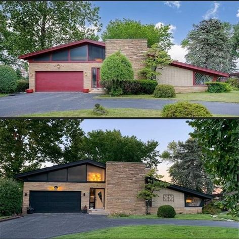 Black And Wood Exterior, Brick Ranch Exterior, Mcm Exterior, Mid Century Modern House Exterior, Hastings House, Duplex Ideas, Mid Century Modern Exterior, Brick Ideas, Mid Century Exterior