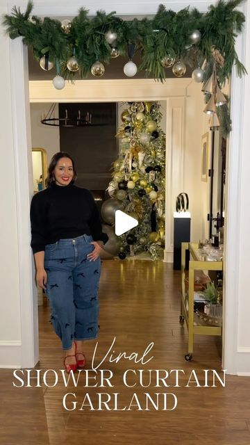 Rochelle Johnson on Instagram: "Finally tried the Viral Shower Curtain Garland Hack! I got my rod from Walmart and used some extra garland I had! Turned out so cute! Have you tried this?   #homeDecor #holiday #homesweethome #christmasdecor #viralhacks #showercurtain" Garland On Shower Rod, Shower Curtain Christmas Garland, Garland Curtain Rod Hack, Christmas Shower Rod Garland, Shower Curtain Rod Garland, Shower Curtain Garland, Shower Rod Garland, Shower Rod Christmas Garland, Curtain Rod Garland