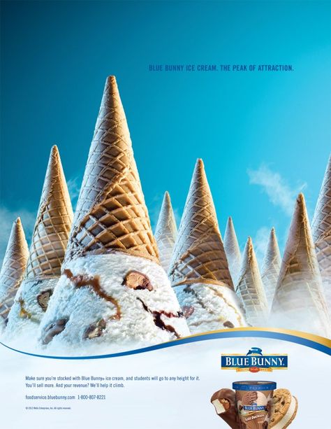 The Peak of Attraction Ad // Blue Bunny Foodservice // Designed by Marlin Bunny Ice Cream, Blue Bunny Ice Cream, Ice Cream Poster, 광고 디자인, Creative Advertising Design, Publicidad Creativa, Food Advertising, Street Marketing, Food Graphic Design