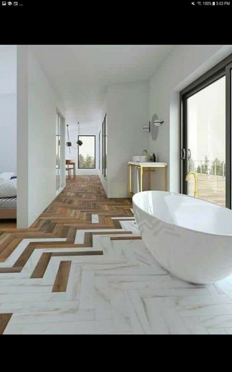 Floor Transition, Herringbone Wood Floor, Minimal Interior Design, Transitional Decor Kitchen, Wooden Floor, Design Studios, Minimalism Interior, Bathroom Designs, Free Standing Bath Tub