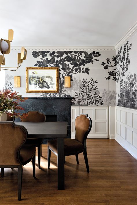 The dining room’s Made Goods table and chairs serve as counterpoints to the airy mural. The glass sconces are by Niermann Weeks and above the fireplace hangs an artwork sourced from DinnerParty Antiques. Modern Wainscoting Ideas, Dining Room Images, White Wainscoting, Living Room Images, Dining Room Blue, Wainscoting Panels, English Decor, Brown Walls, Luxe Interiors