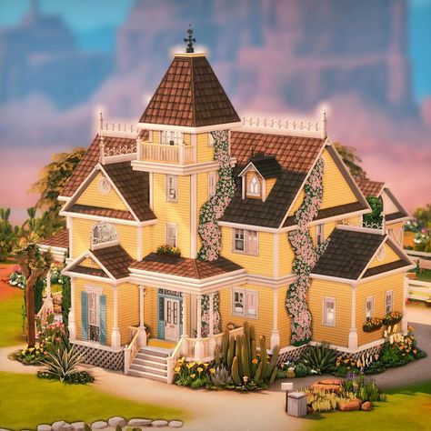 Simmary | #EAPartner | 💛 Not So Berry Yellow Victorian A family home in Strangerville for gen 3 of Not So Berry! 🚀🌻 I made sure to include bedrooms… | Instagram Sims 4 Yellow House, Not So Berry Mint House, Strangerville Build, Strangerville House, Strangerville House Sims 4, Sims Not So Berry, Sims 4 Strangerville, Sims 4 Not So Berry, Victorian Family Home