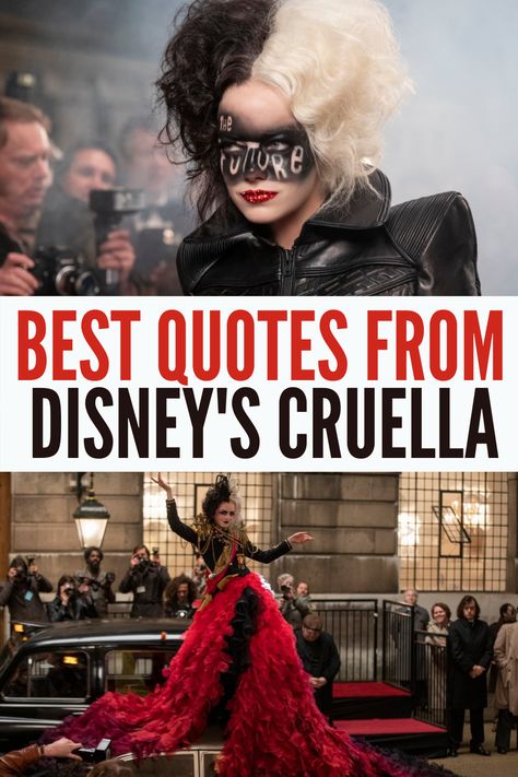 Best Movie Quotes from Disney's Cruella 2021 starring Emma Stone and Emma Thompson #Cruella Cruella Deville Quotes 101 Dalmatians, Cruella Quotes 2021, Cruella De Vil Quotes, Best Villain Quotes, Cruella Deville Quotes, Disney Villain Quotes, Cruella Jasper, Baroness Cruella, Cruella Quotes