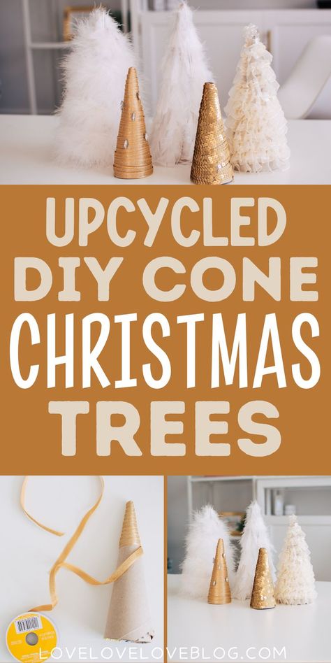 DIY cone Christmas trees decor. Yarn Covered Cone Trees, Cardboard Cone Crafts, Foam Christmas Trees Diy, Ribbon Christmas Tree Craft, Cardboard Christmas Tree Craft, How To Make Paper Cones, Diy Cone Trees Christmas, Yarn Christmas Trees Diy, How To Make A Cone Out Of Cardboard