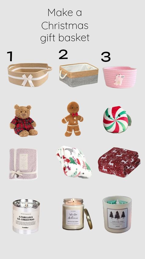 Make a Christmas Basket! Mine- 1133 Comment your choice #christmas#giftbasket#fyp Make A Christmas Basket, What To Make For Christmas Gifts, Christmas Basket Gift Ideas Friends, Christmas Sleepover, Handmade Christmas Presents, Burr Basket, Big Little Basket, Girly Christmas Gifts, Basket Christmas