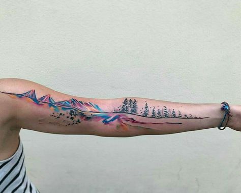 Watercolor Mountains Tattoo, Northern Lights Tattoo, Moutain Tattoos, Tattoo Mountains, Colorado Tattoo, Mountain Tattoos, Mountains Tattoo, Mother Nature Tattoos, Tattoo Foot