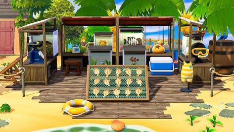 Fish Market Anch, Acnh Fish Market Ideas, Acnh Fish Market Design, Acnh Beach Fish Market, Acnh Beach Market, Acnh Fish Market Design Codes, Animal Crossing Fishing Area, Animal Crossing Fish Market, Acnh Market Inspiration